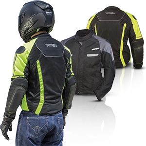 Giacche da moto nere con colori di segnalazione gialli e protezioni, una delle quali mostrata sul retro del pilota.